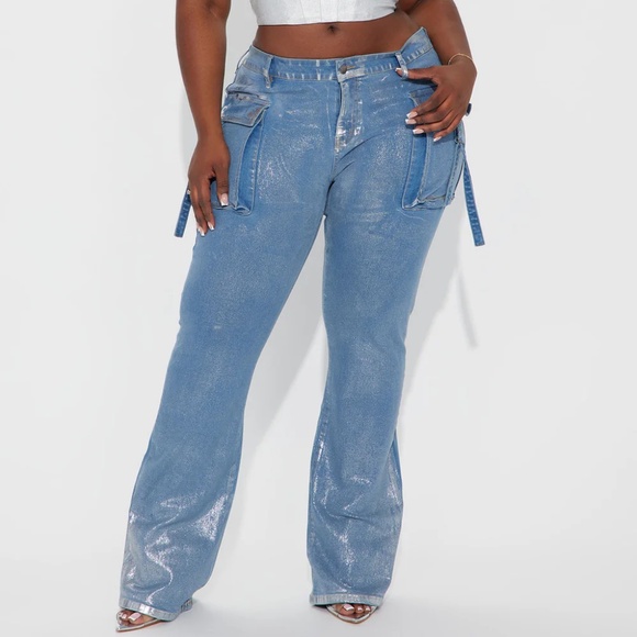 Fashion Nova Foil Bootcut Cargo Jean Size 22 - Picture 1 of 4